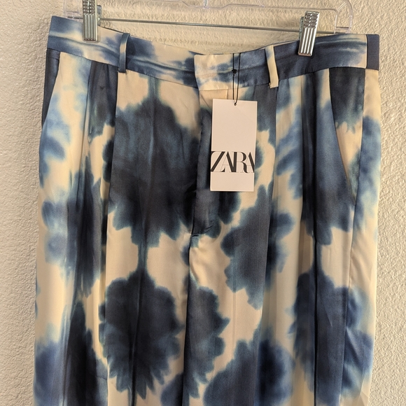 NWT Zara Blue and White Tie-Dye Satin Look Wide Leg Trousers Size Large - Picture 9 of 11